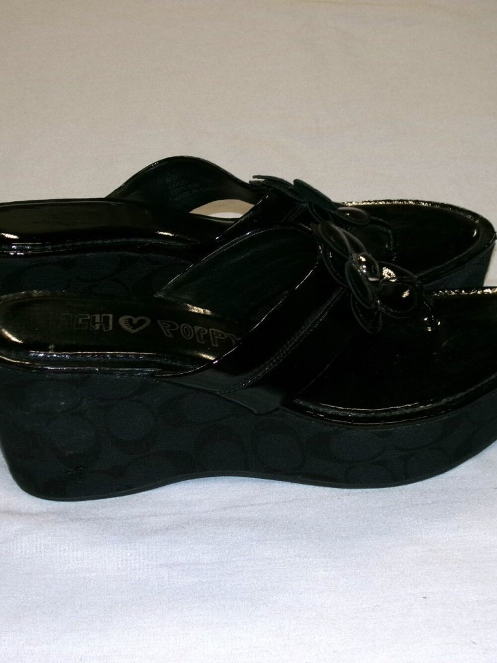 COACH Poppy Vtg Y2K Harley Black Patent Wedge Platform Thong Jacquard Sandals 10